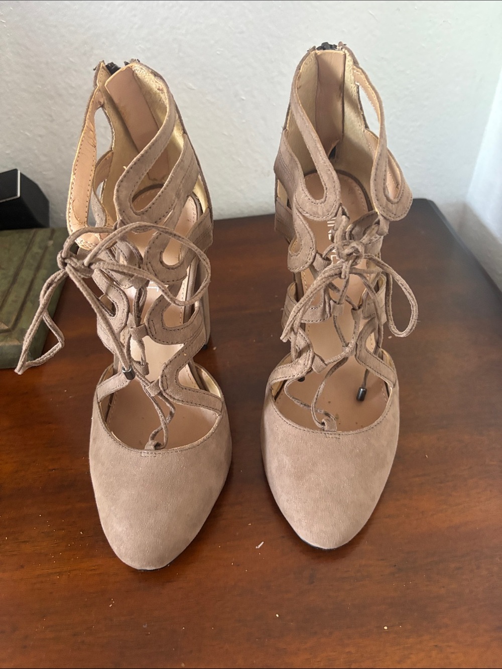 Nine West Taupe Suede Lace-Up Cutout Heels